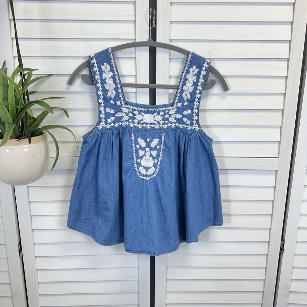 Lovers + Friends Dream Catcher Tank Top Blue Chambray Embroidered Boho‎ Size XS